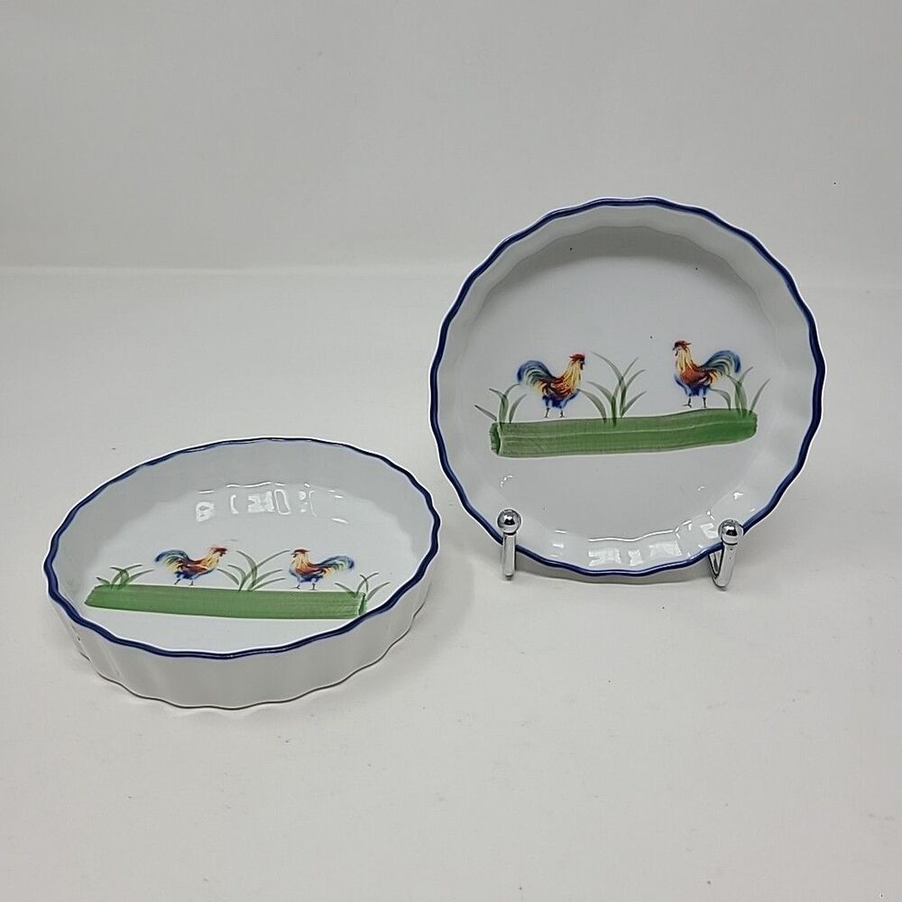 Bia Blanc De Table White Blue Rooster Design 5" (2) Tart Dishes
